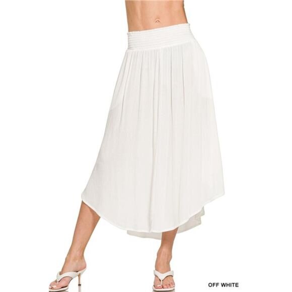 Zenana Woven Crinkle Smocked Waist Maxi Skirt W Pockets - Off White - Picture 1 of 3